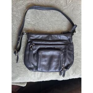 Stone Mountain Black Leather Shoulder Bag Adjustable Strap Pink Lining Purse